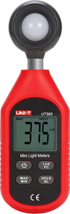 Matës drite dixhital UNI-T UT383, 0–199900 Lux / 0–18500 Fc, kohë mostrimi 0.5 s, MAX/MIN dhe Data Hold, ekran LCD me ndriçim, e kuqe/zezë