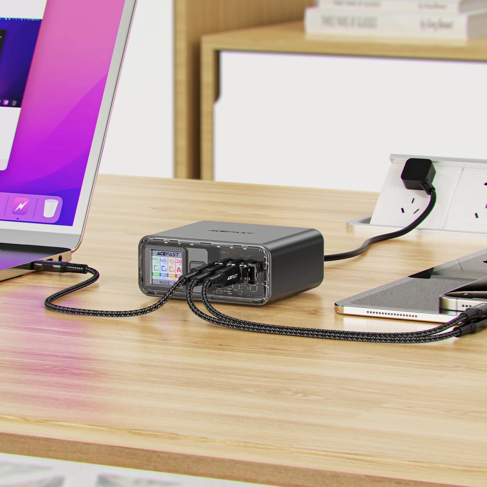 Adapter multifunksional Acefast Z4, 218W, 3x USB-C + 1x USB-A, ekran TFT, Gri