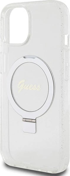 Mbështjellës Guess Ring Stand Script Glitter MagSafe për iPhone 15/14/13, transparent