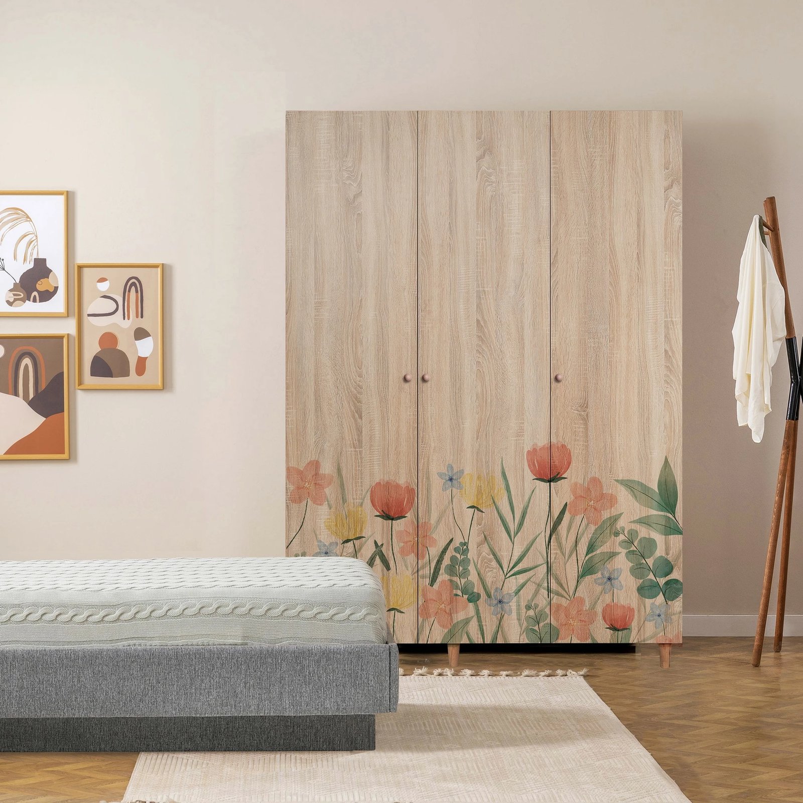 Dollap Lena 3, dekor Skye, ngjyrë sonomo, 135x192x52cm, me lule, 5 pjesë