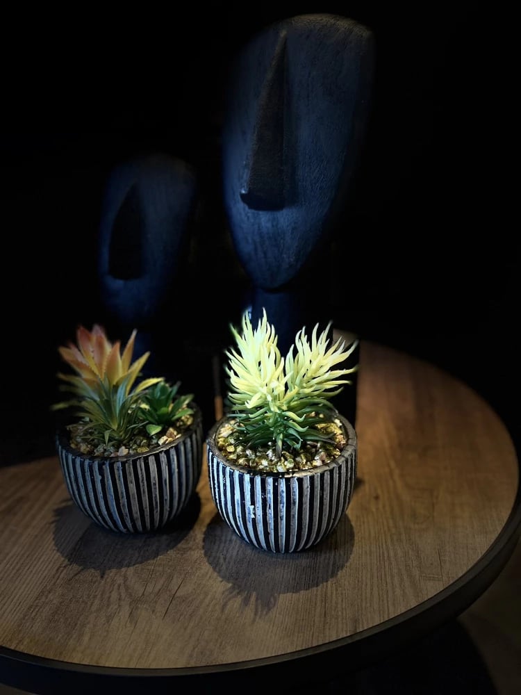 Bimë artificiale LAKHSMI 3, vazo polirezine, 13x13x18.5cm, e zezë, e bardhë, e gjelbër