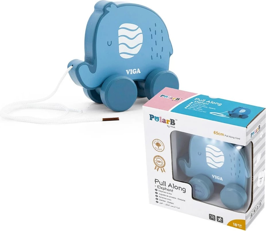 Lodër tërheqëse me litar, Viga, Elephant, dru ahu, për 18+ muaj, blu