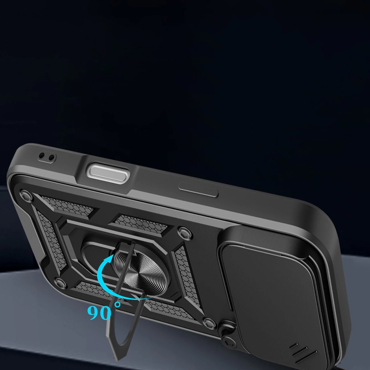 Mbështjellës Hurtel Hybrid Armor Camshield për iPhone 17 Pro, me qëndrim dhe kapak kamere, i zi