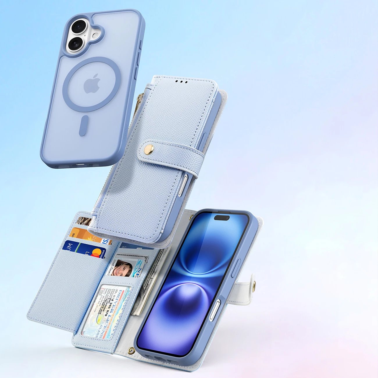 Mbështjellës Dux Ducis Lawa për iPhone 16, me portofol magnetik të ndashëm, lëkurë, kaltër