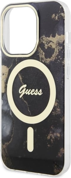Mbështjellës Guess GUHMP14XHTMRSK për iPhone 14 Pro Max 6.7", Golden Marble, MagSafe, zi