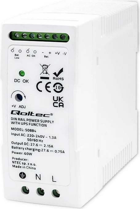 Furnizues energjie Qoltec 50884 me UPS, 60W, për shina DIN, Bardhë