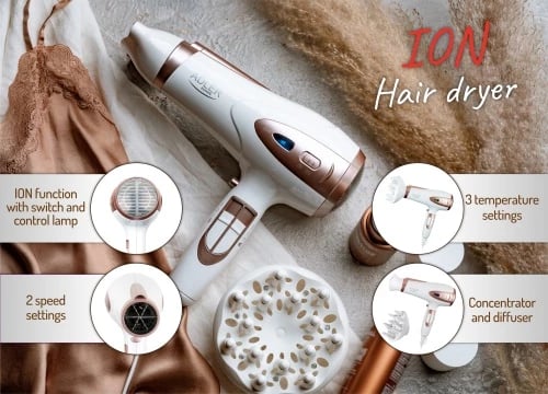 tharëse flokësh, Adler, AD 2248, 2200W, ION, 2 shpejtësi, 3 temperatura, Cool Shot, kabllo 1.8m, me difuzer dhe koncentrator, e bardhë