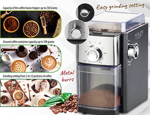 bluarëse kafe me rrota metalike, Adler AD 4448, hinkë 250g, depozitë 100g, rregullim i imtësisë dhe 2–12 porcione, 150W (300W max), e zezë/inox bluarëse kafe me rrota metalike, Adler AD 4448, hinkë 250g, depozitë 100g, rregullim i imtësisë dhe 2–12 porcione, 150W (300W max), e zezë/inox
