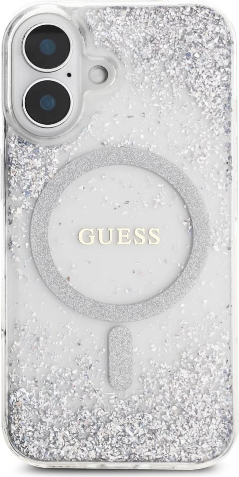 Mbështjellës Guess HC Resin Bottom Glitter MagSafe për iPhone 16, Argjendtë