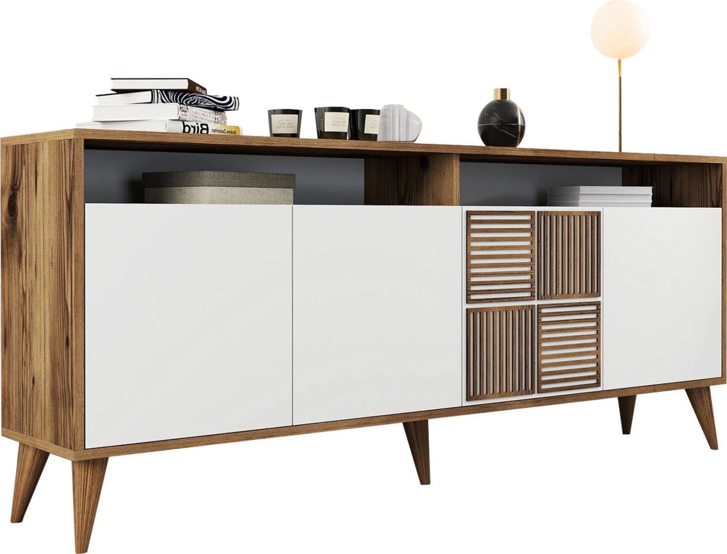 Bufe melamine në ngjyrë arre me dyer të bardha 180x35x78.6Hcm.FH9431.02