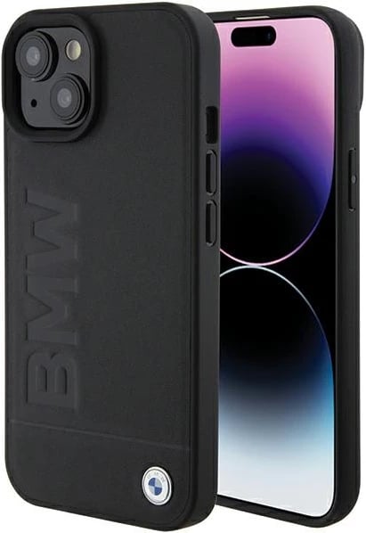 Mbështjellës BMW Leather Hot Stamp për iPhone 15, e zezë