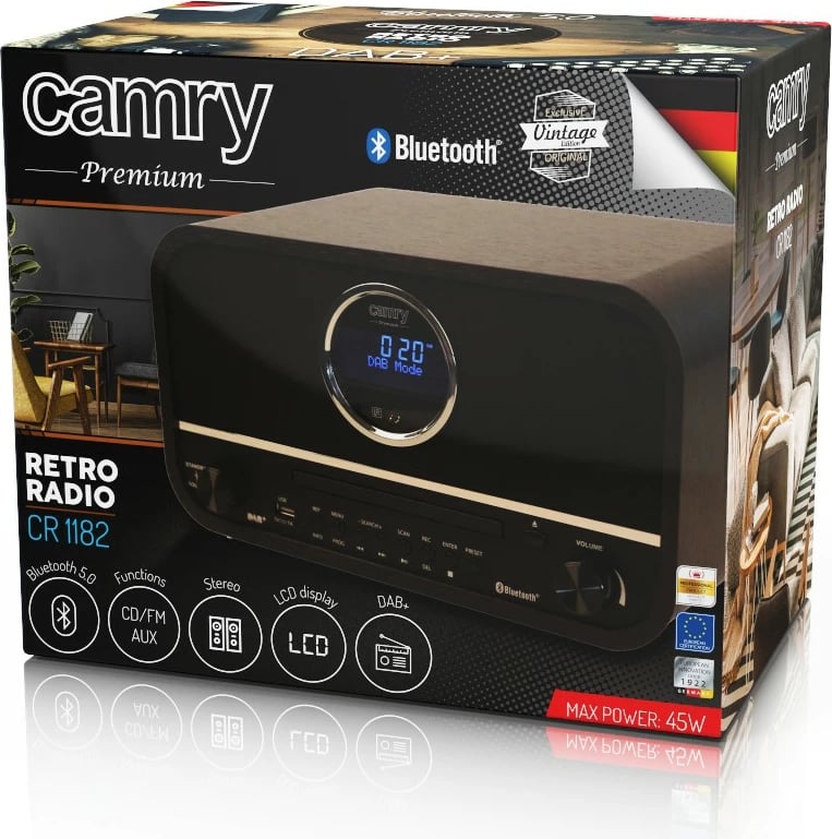 Radio retro Camry CR1182 DAB+/FM/AM Bluetooth CD USB/AUX 15 W, e zezë