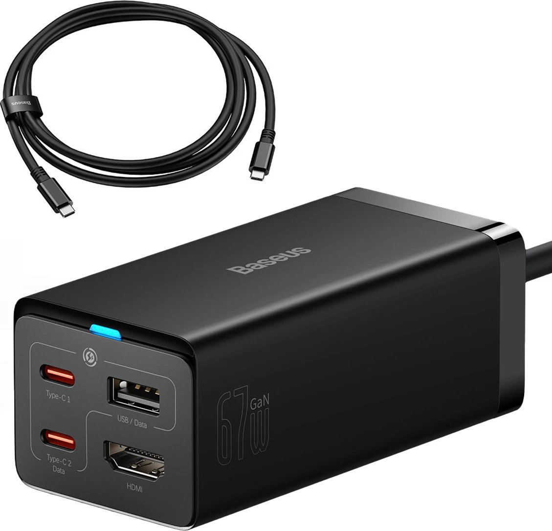 Karikues i shpejtë Baseus GaN5 Pro HUB, CCGP110201, 67W, 2x USB-C, USB-A, HDMI 4K, me kabllo USB-C 1m, i zi