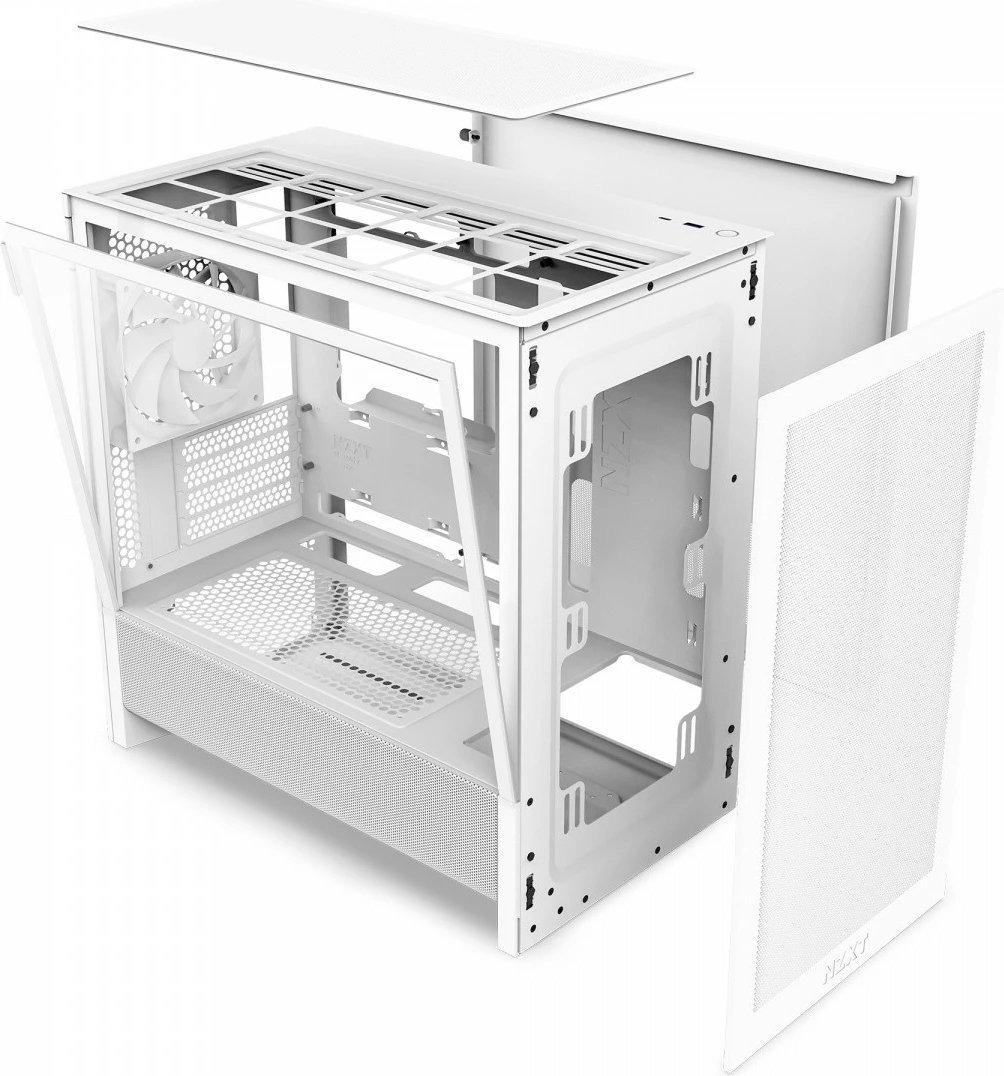 Kasë NZXT H3 Flow CC-H31FW-01 mATX Mini Tower, për pllakë amë mATX/Mini‑ITX, panel xhami i temperuar, USB‑C, deri 7 ftohës, pa PSU, e bardhë
