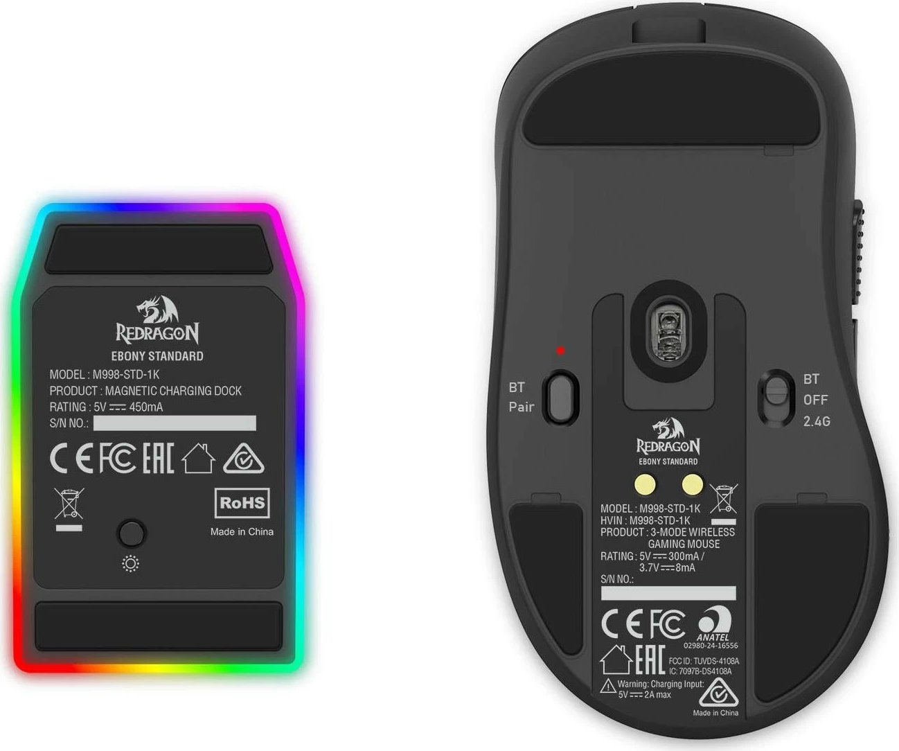 Maus Redragon EBONY, RGB, wireless/wired, 24000 DPI, i zi