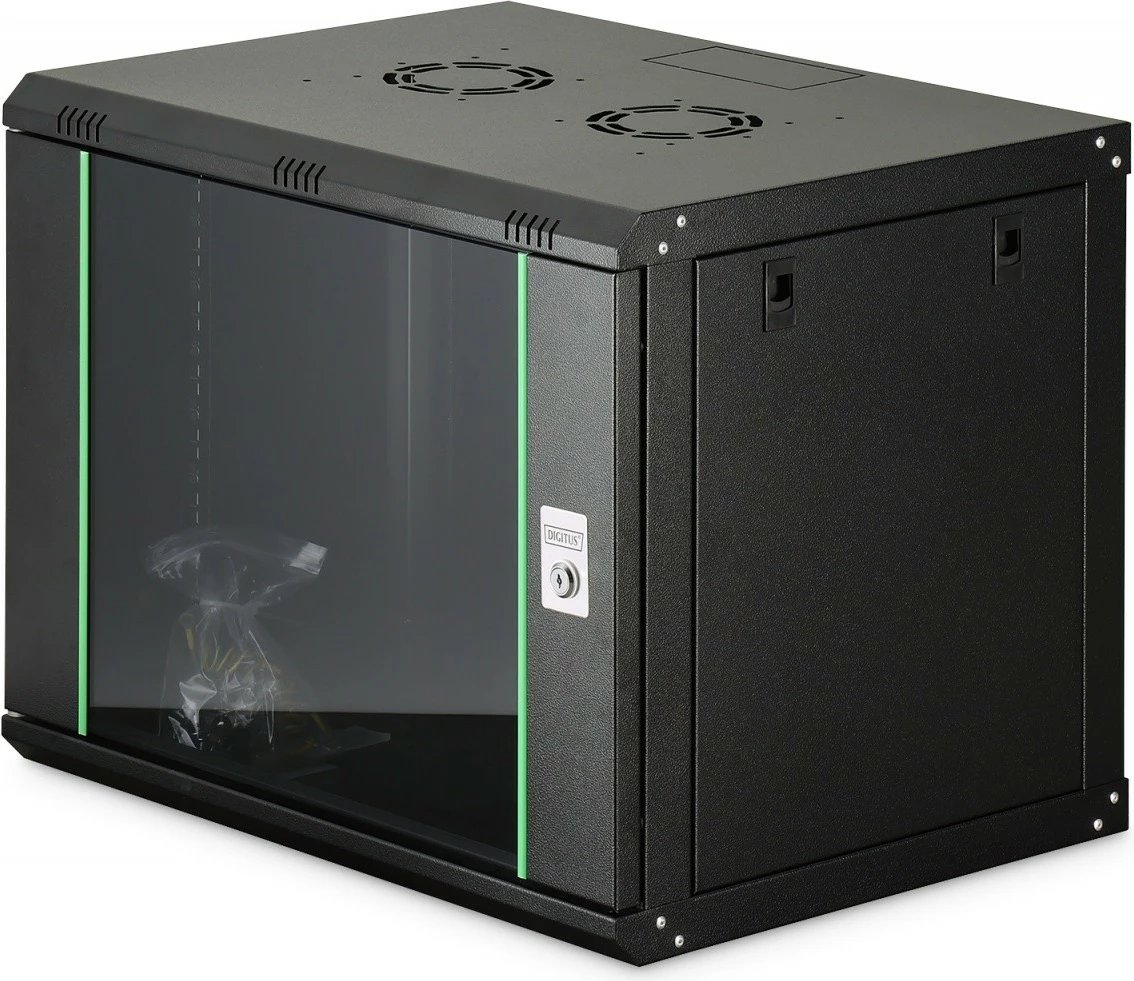 Kabinet rrjeti i montueshëm në mur, Digitus DN-37105, 19" 9U, 474x600x450 mm, derë xhami, ngarkesë 60 kg, i pa-montuar, zi