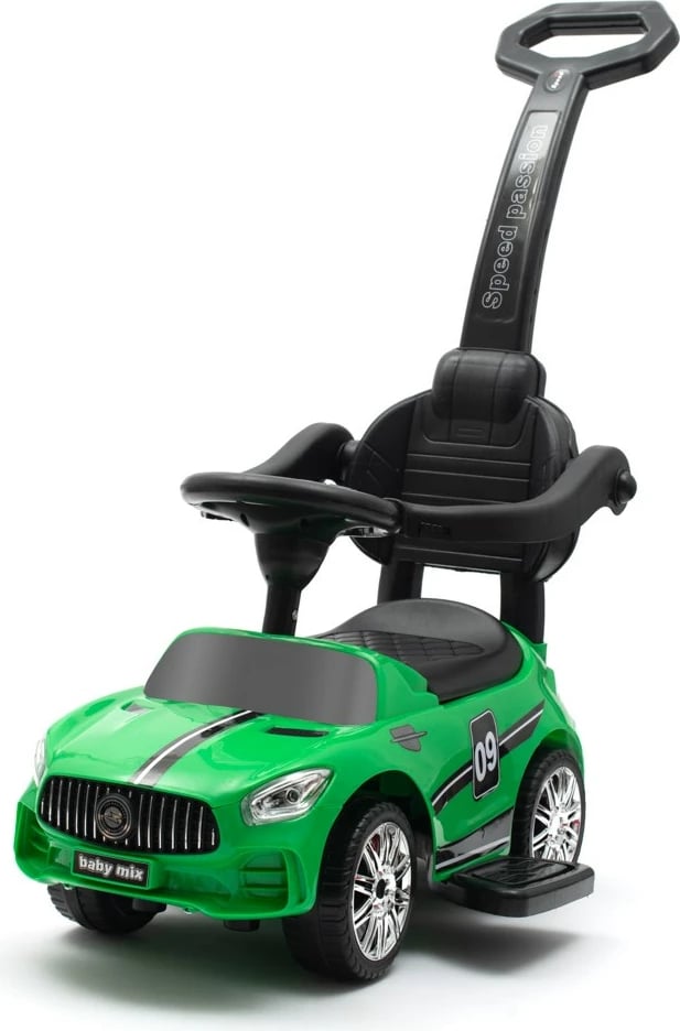makinë shtytëse për fëmijë, Baby Mix, RACER, 12m+, ngarkesë 25 kg, panel zëri, shufër drejtimi e heqshme, jeshile