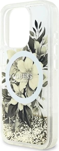 Mbështjellës Guess Liquid Glitter Flower MagSafe për iPhone 16 Pro, Bezhe
