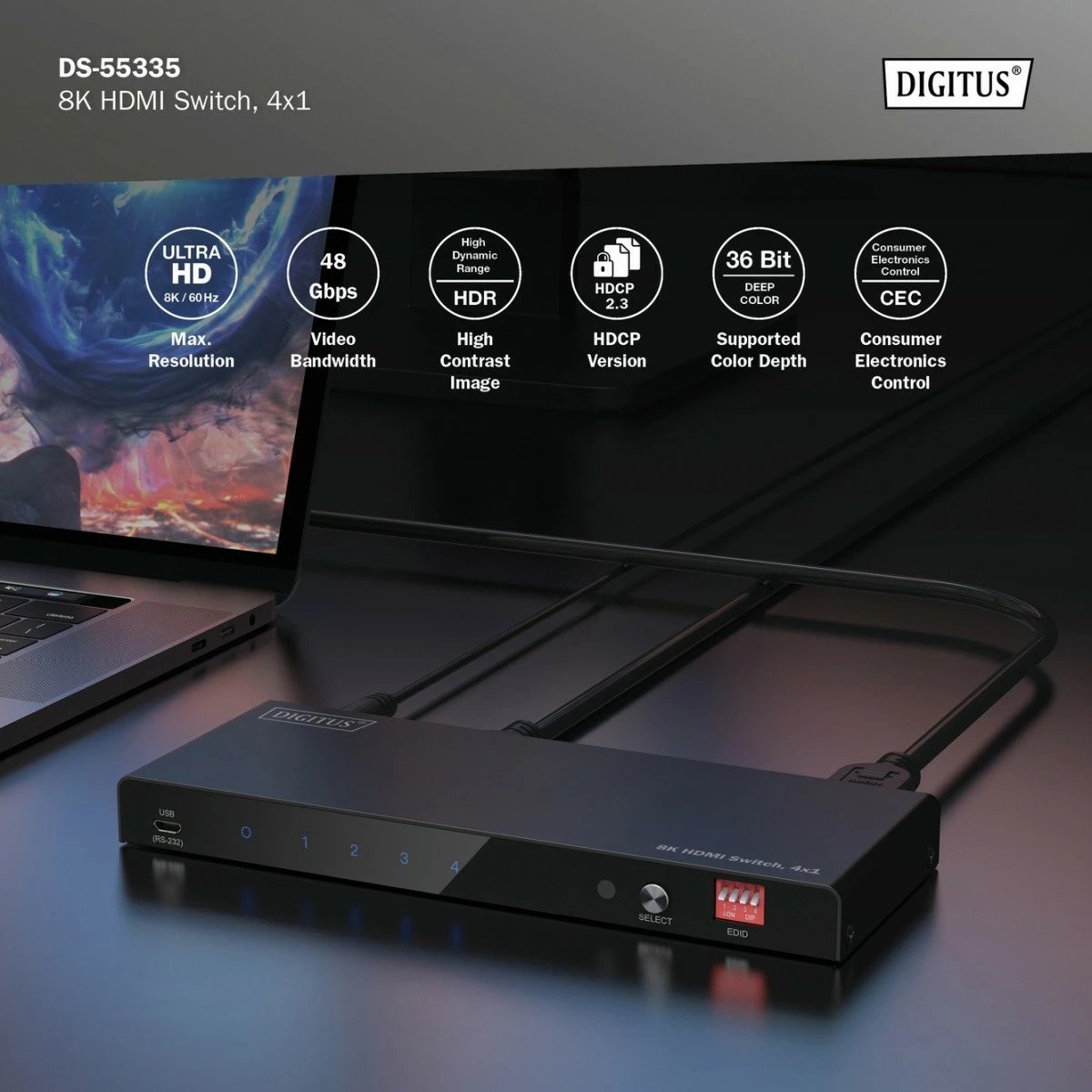 Switch HDMI Digitus DS-55335, 4x1, 8K/60Hz, me telekomandë, i zi