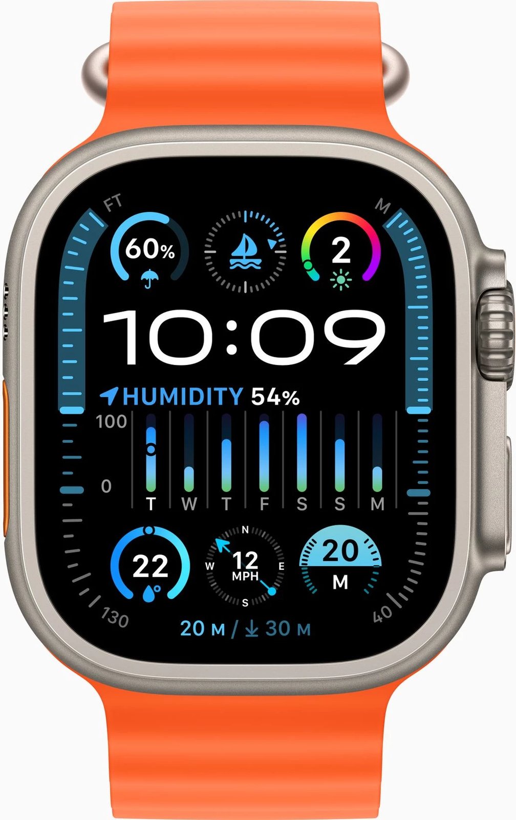 Apple Watch Ultra2 Cellular, 49mm Titanium Case w Orange Ocean Band