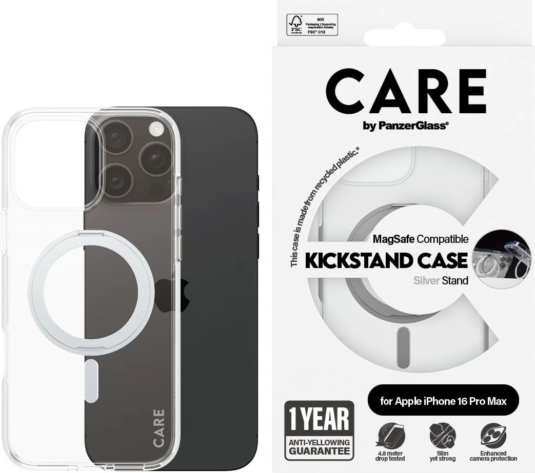 Mbështjellës PanzerGlass CARE Feature me Kickstand MagSAFE për iPhone 16 Pro Max, transparent