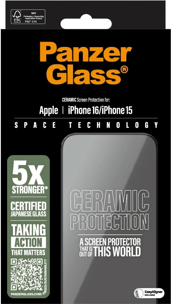 Mbrojtës ekrani PanzerGlass Ceramic për iPhone 16/15, transparent