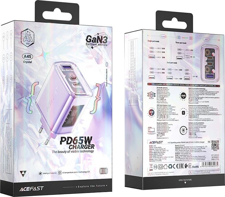 Karikues muri Acefast A45, 65W, 3 porta (2xUSB-C, 1xUSB), GaN, vjollcë