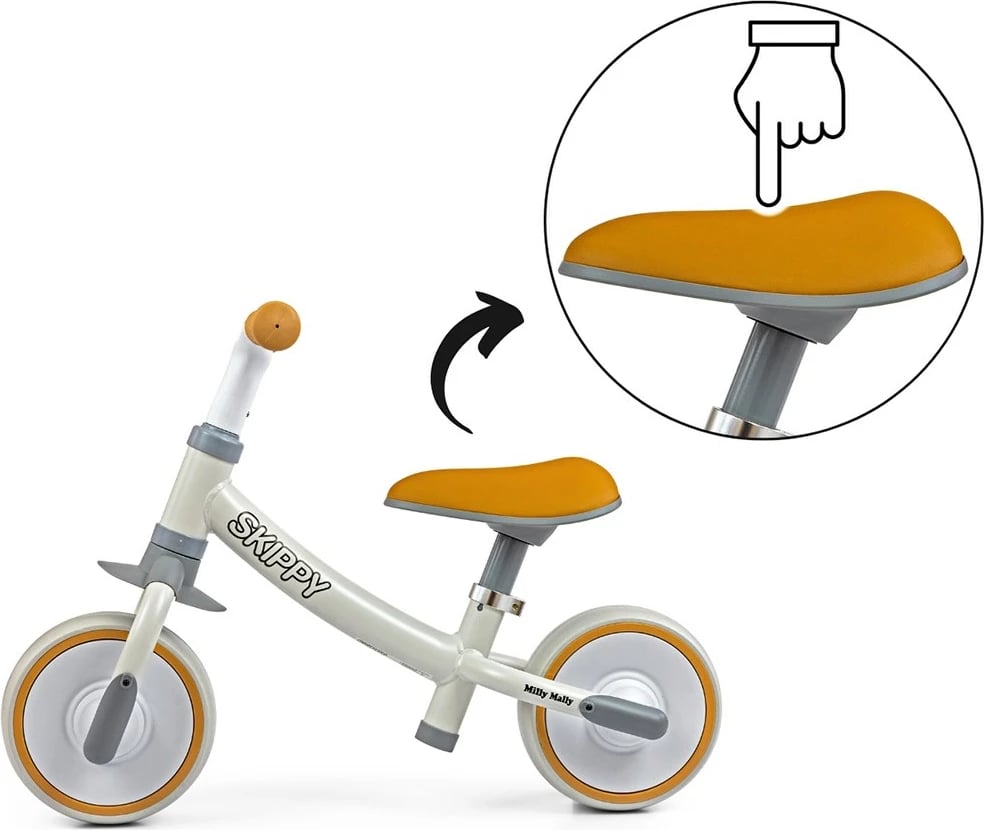 bicikletë pa pedale, Milly Mally, Skippy, kornizë çeliku, rrota EVA pa shpim, sedile e rregullueshme, 18+ muaj, ngjyrë e bardhë