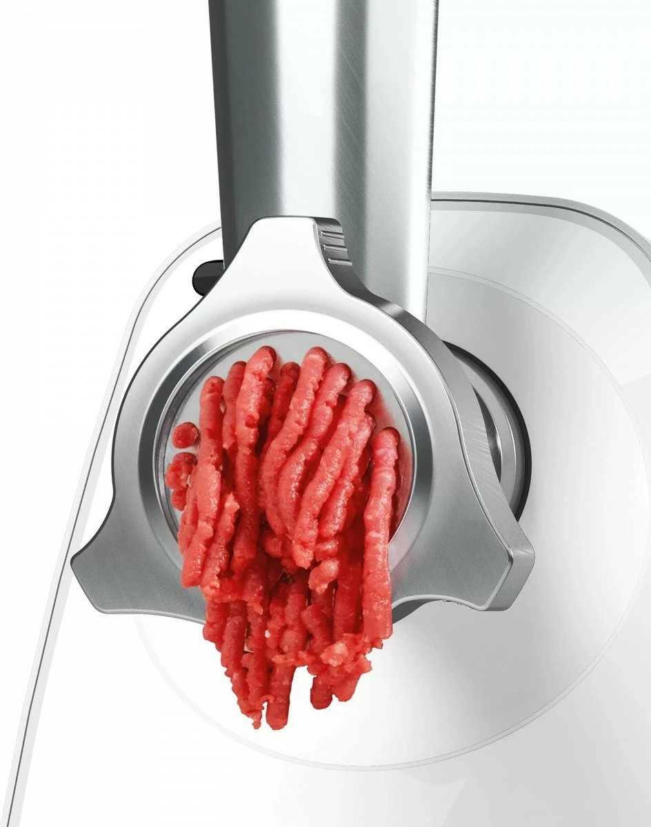 Grirëse mishi, Bosch, MFW2514W, 1500W 1.7 kg/min, sita 3.8/8 mm, me nasadë salsiçe dhe prerëse me 3 daulle, e bardhë