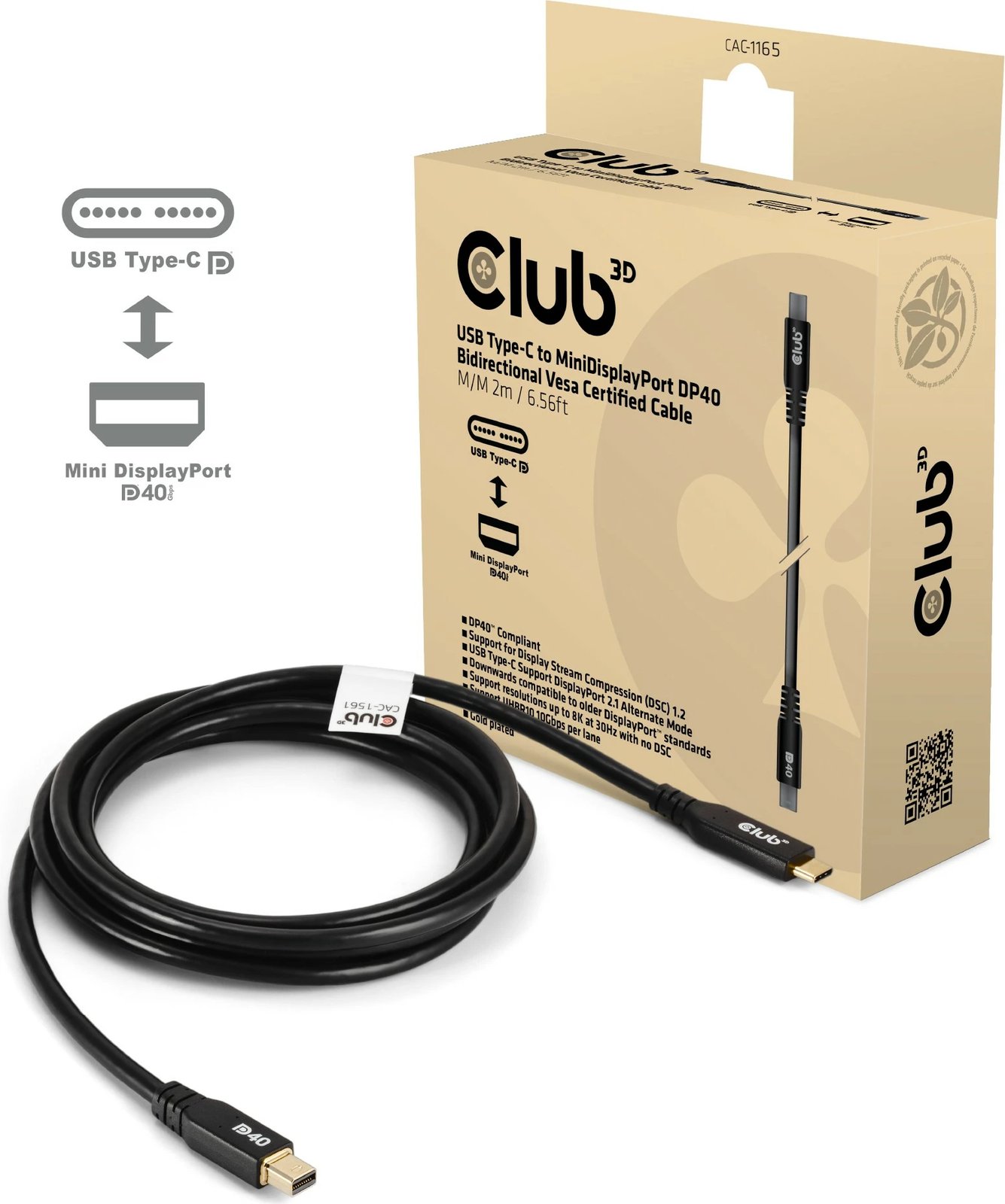Kabllo Club3D USB Type-C në Mini DisplayPort 2.1, 2m, 8K, e zezë