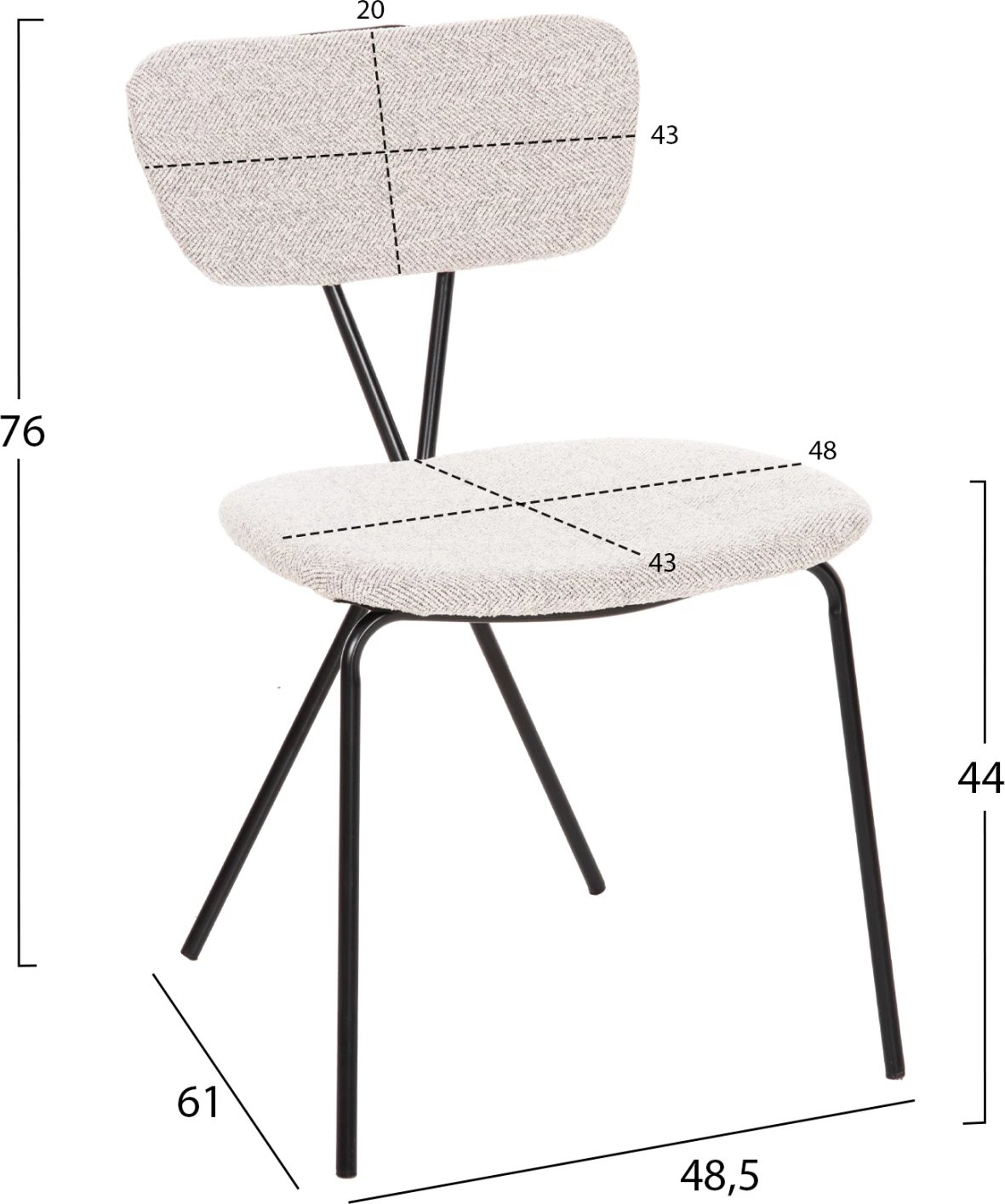 Karrige ngrënieje DORY FH9855.03 kornizë metalike në të zezë, pëlhurë në gri të lehtë 48,5x61x76H cm., set prej 4 copë