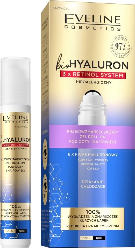 Gel roll-on për sy dhe qepalla Eveline Cosmetics BioHyaluron 3 x Retinol Anti-Wrinkle për femra, 15ml