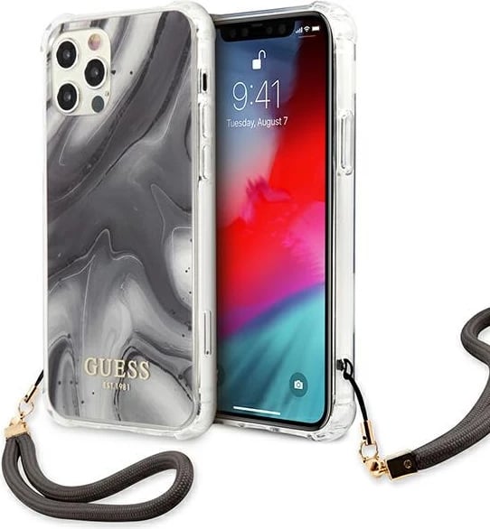 Mbështjellës Guess GUHCP12LKSMAGR për iPhone 12 Pro Max 6.7", Marble Collection, Gri me varëse