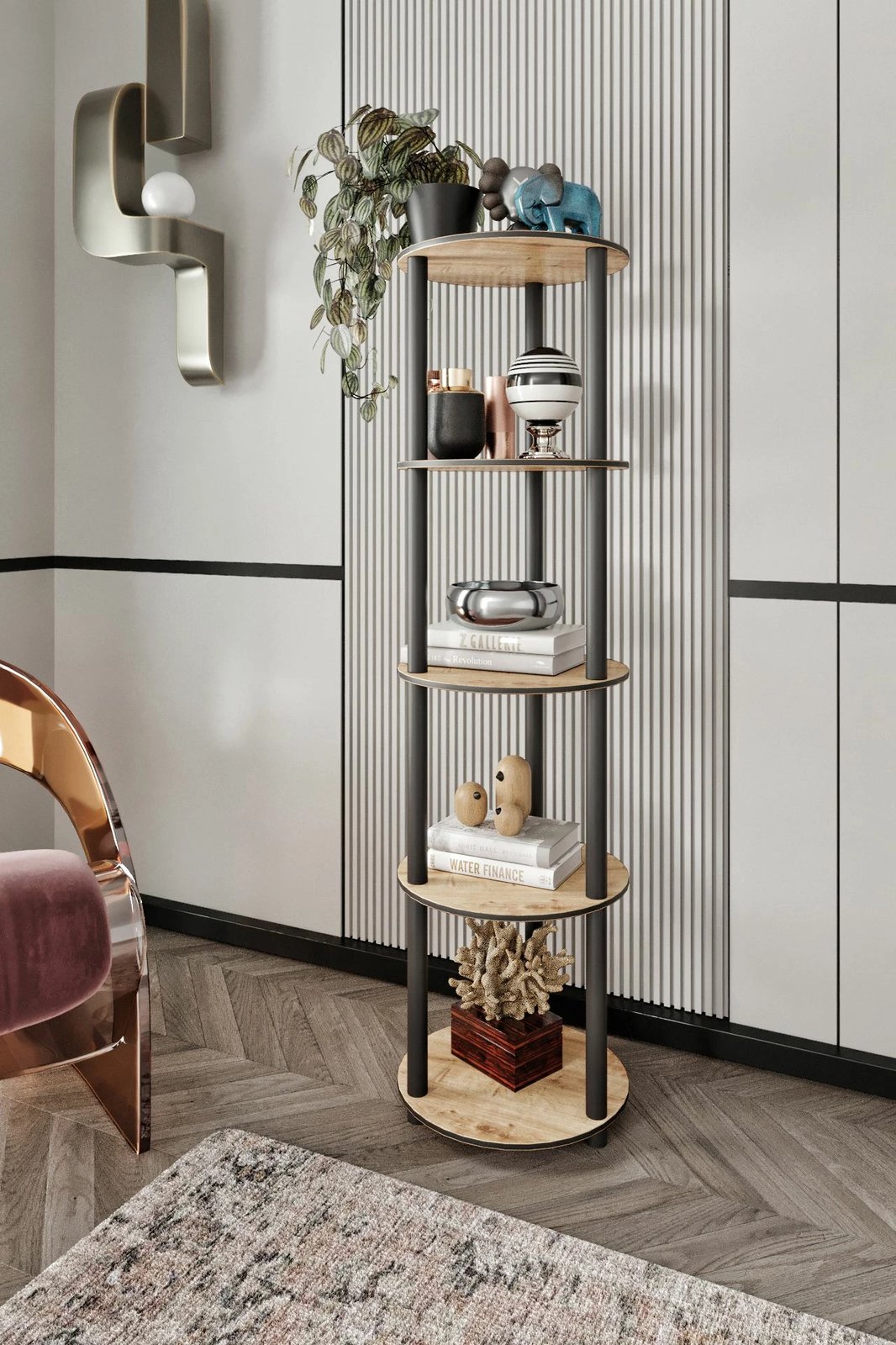 Raft librash Skye Decor, 5 kate, i rrumbullakët, ngjyrë lisi