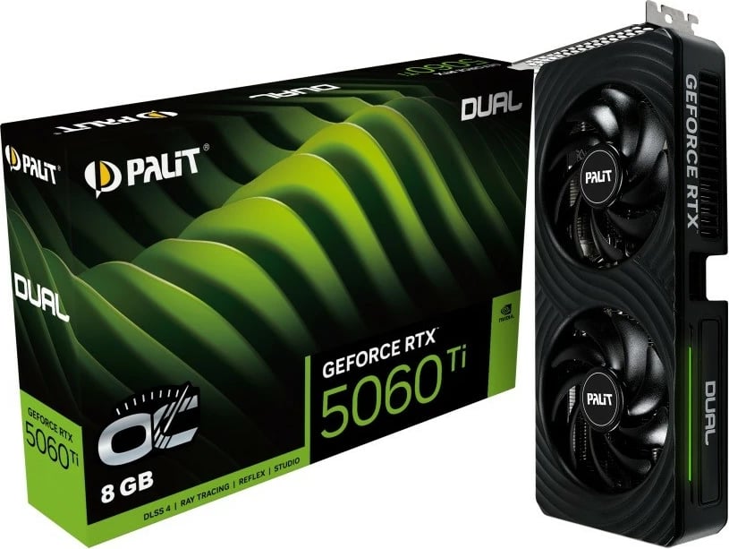 Kartë grafike Palit GeForce RTX 5060 Ti, 8 GB GDDR7, DUAL OC, PCI-E 5.0, e zezë