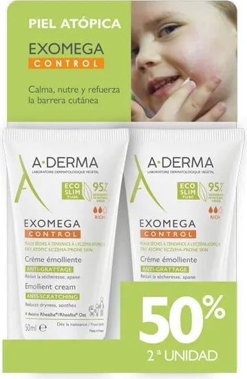 Krem emolient për trup unisex A-DERMA Exomega Control 2x50ml Krem emolient për trup unisex A-DERMA Exomega Control 2x50ml