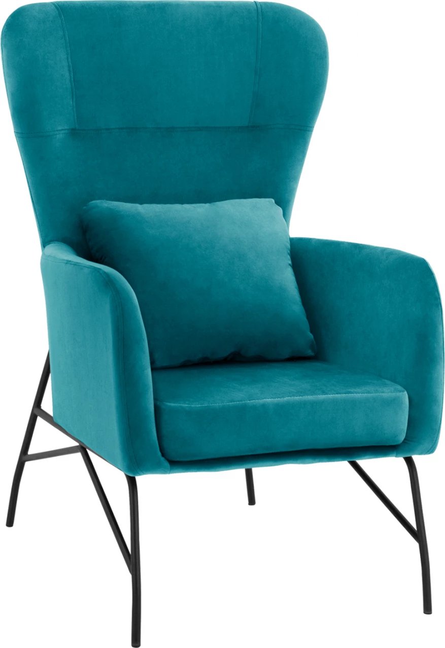 Bergere kadife, ngjyrë turkuaz, këmbë metalike të zeza, FH8721.08, 67x80x102 cm