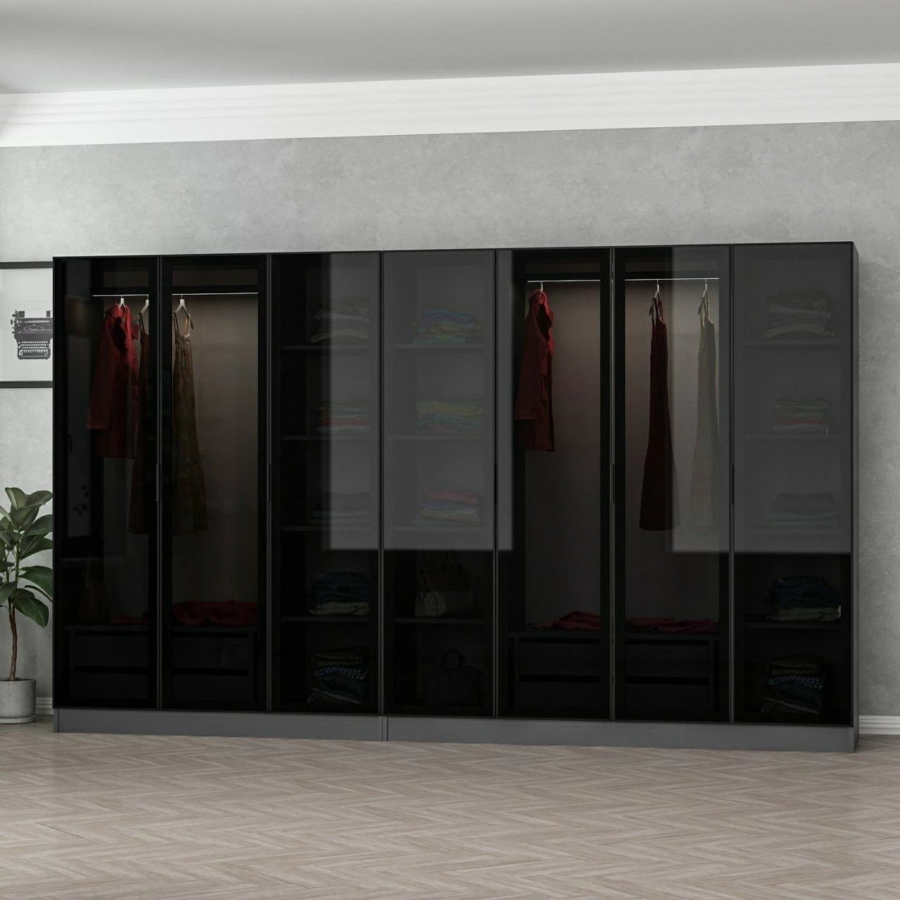 Dollap garderobe Skye Decor, anthracite e zi, 315x190x52cm, 10 pjesë