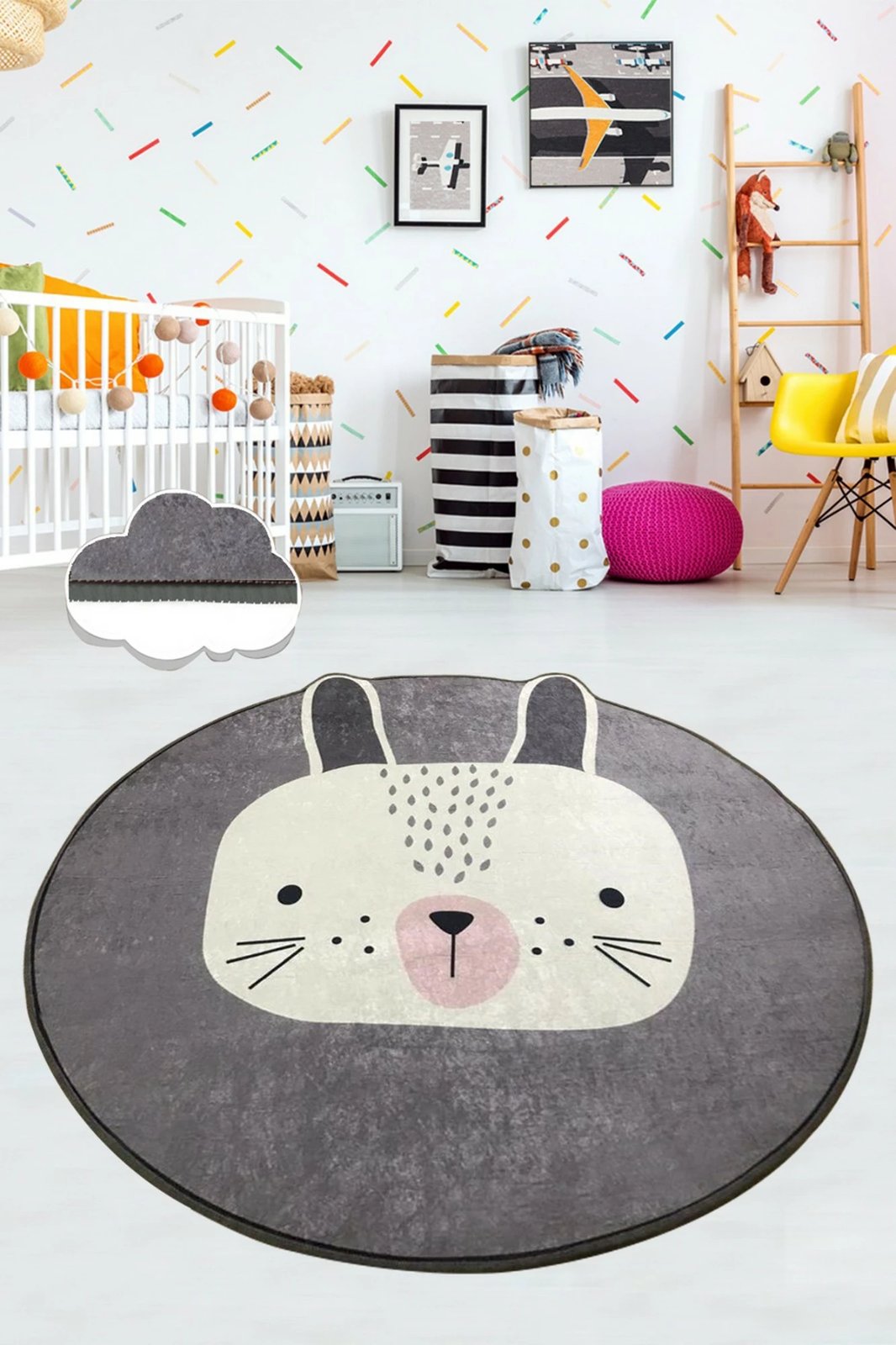 Qilim i rrumbullakët për fëmijë, dizajn Bunny, shumëngjyrësh, 100 cm