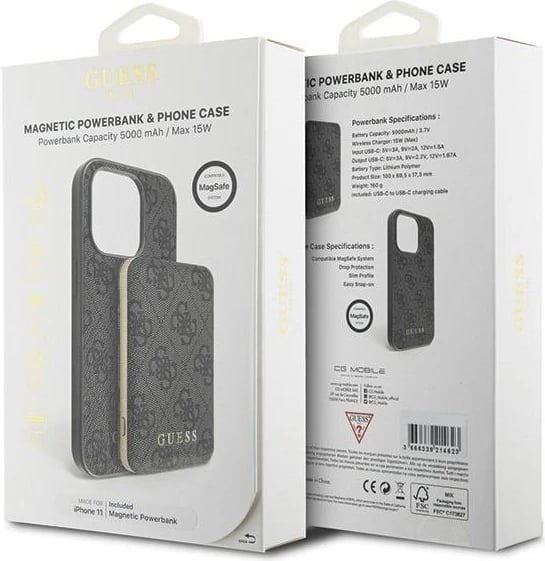 Mbështjellës Guess 4G Metal Logo për iPhone 11 + Powerbank MagSafe 5000mAh, Zi, set