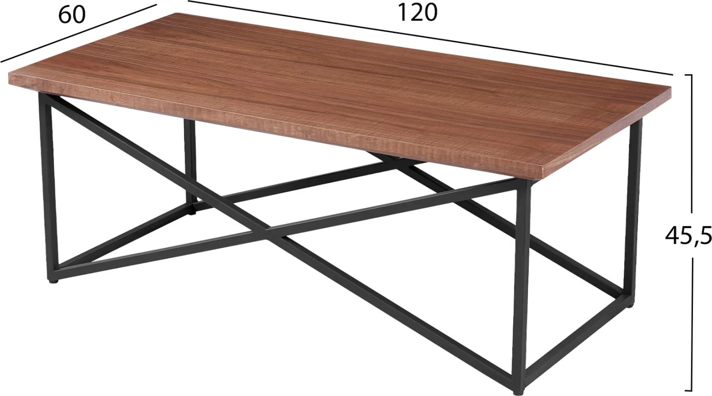 Tavolinë kafeje FH9469.02 MDF me sipërfaqe druri arre, bazë metalike e zezë 120x60x45.5H cm