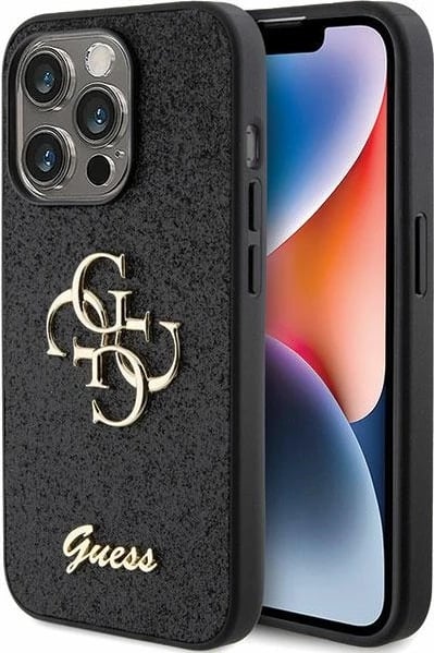 Mbështjellës Guess Glitter Script Big 4G për iPhone 15 Pro, i zi