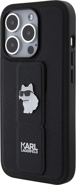 Mbështjellës Karl Lagerfeld Gripstand Saffiano Choupette Pins për iPhone 15 Pro Max, i zi