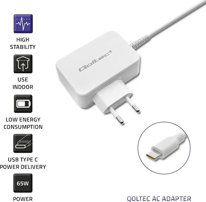 Karikues Qoltec 65W, USB Type-C, Power Delivery, i bardhë