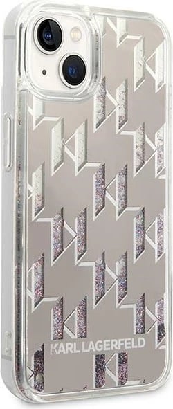 Mbështjellës Karl Lagerfeld KLHCP14SLMNMS për iPhone 14, hardcase, Liquid Glitter Monogram, argjendtë