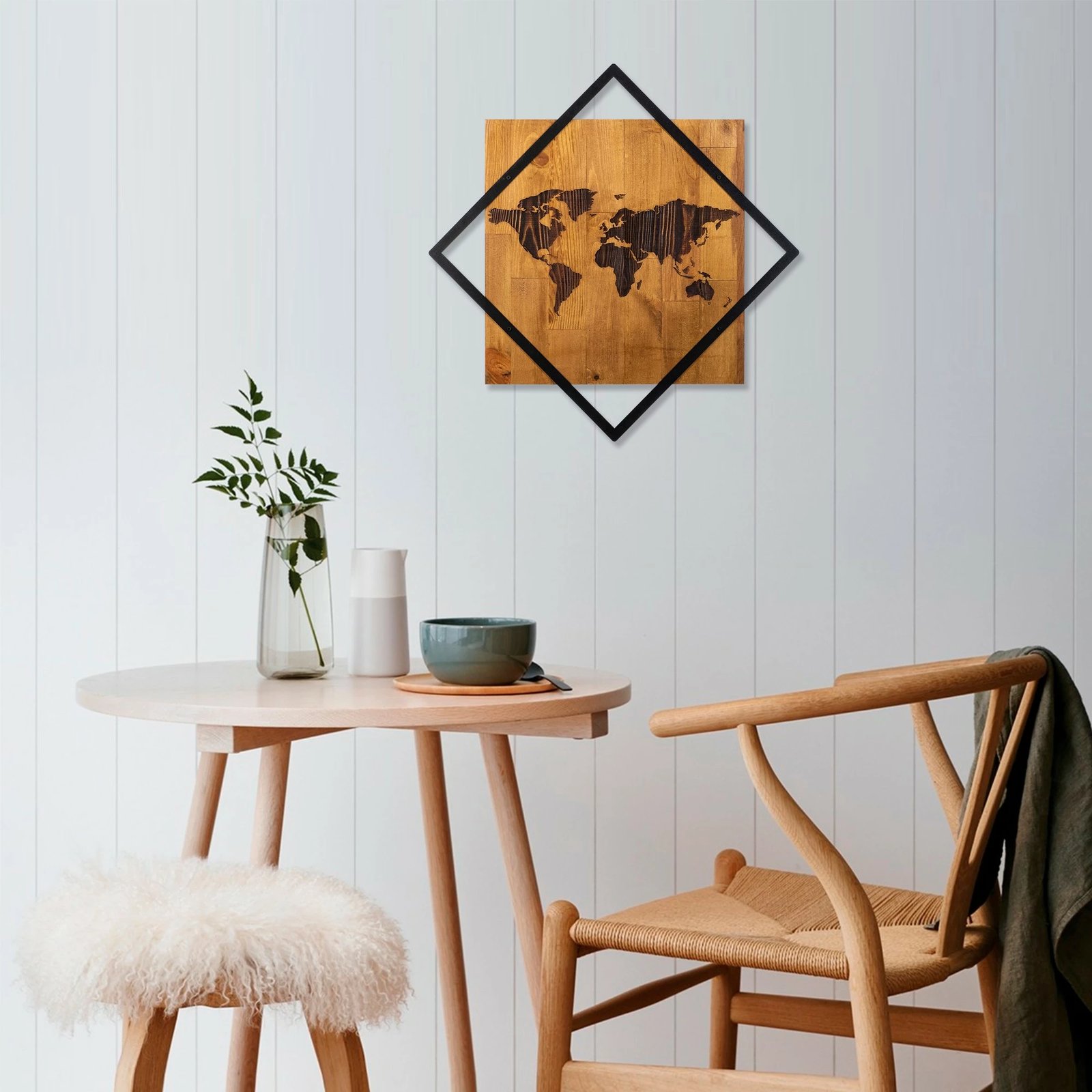 Aksesor dekorativ prej druri për mur, Wallity, World 2, ngjyrë arre dhe e zezë, 54x54cm