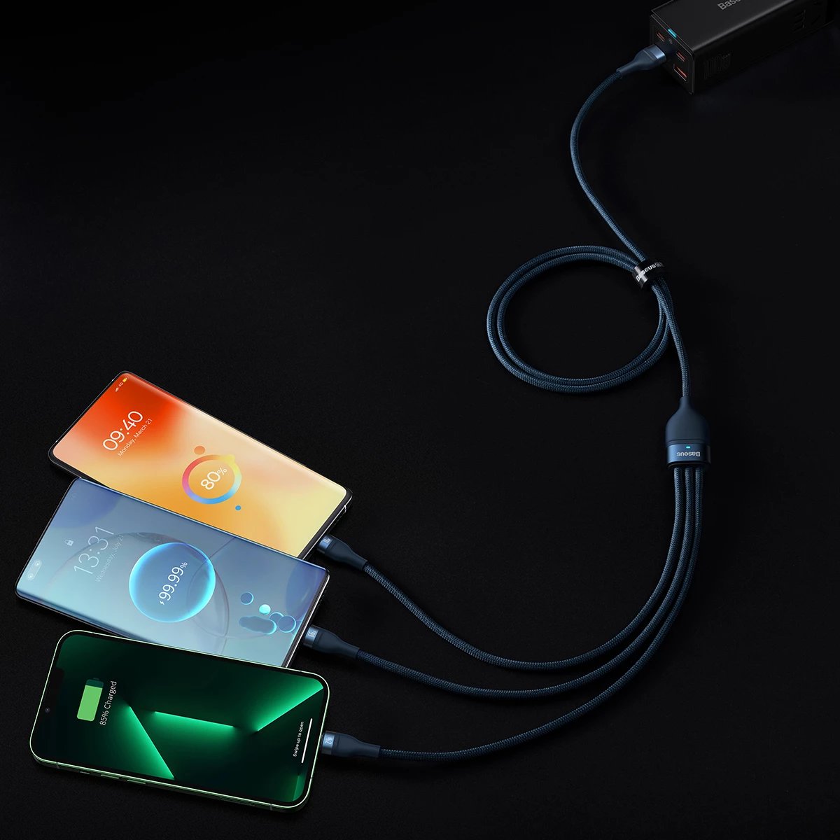 Kabllo karikimi 3-në-1 Baseus Flash Series II, USB-A në USB-C/Micro-USB/Lightning, 1.2m, 66W, Kaltër