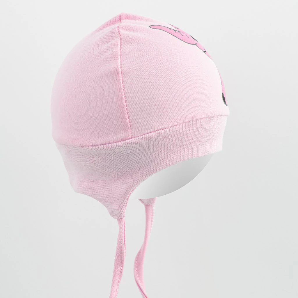 Kapelë bebe, New Baby, Happy Elephant, pambuk 100%, me lidhëse dhe detaj veshë 3D, madhësia 56/62, rozë