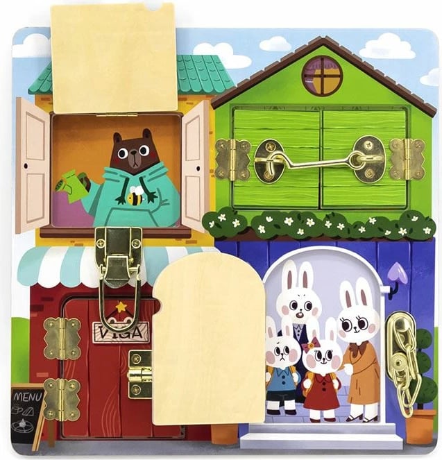 Lojë edukative druri, Viga, Locking and Unlocking, tabelë sensoriale me 4 dyer e bravë të ndryshme, 300x300 mm, Multingjyrës