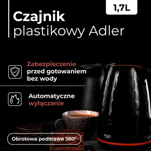 Çajnik elektrik, Adler, AD 1277, 1.7 L, 2200W, plastikë, bazë 360°, i zi